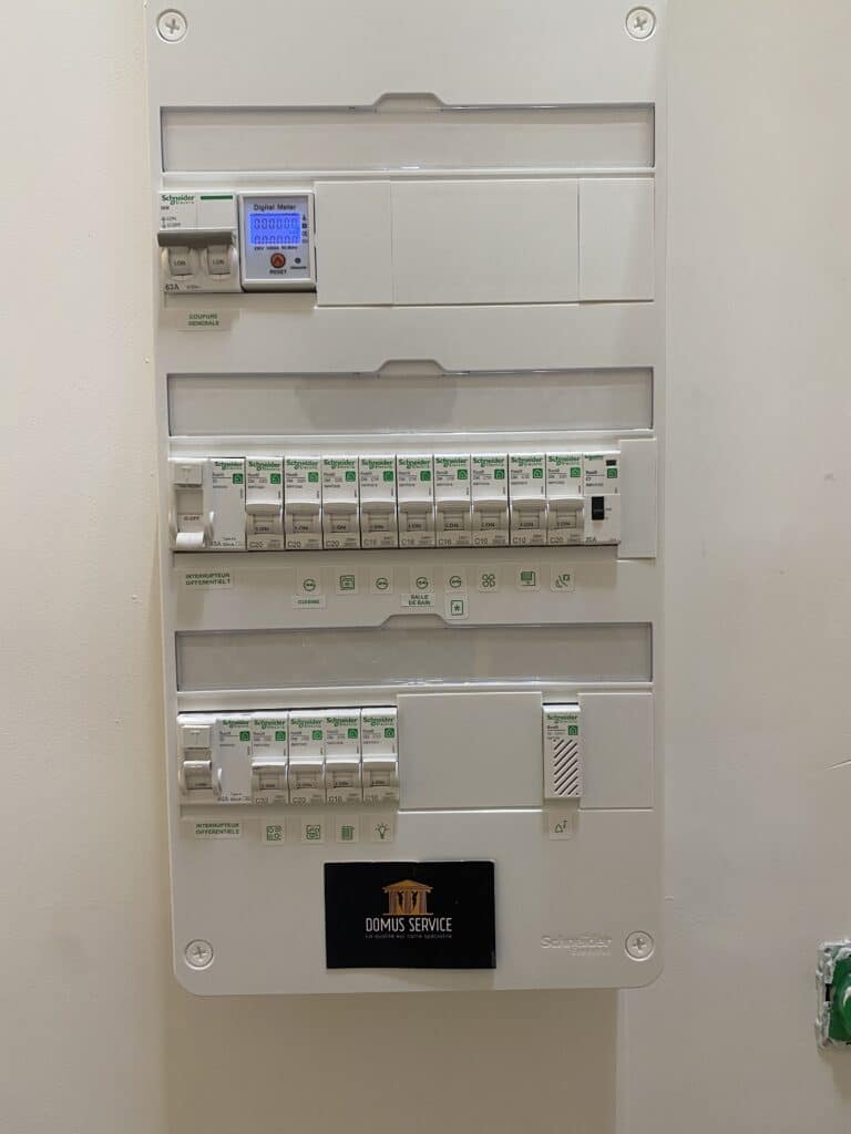 Tableau électrique Schneider Electric avec compteur numérique, disjoncteurs et logo Domus Service.